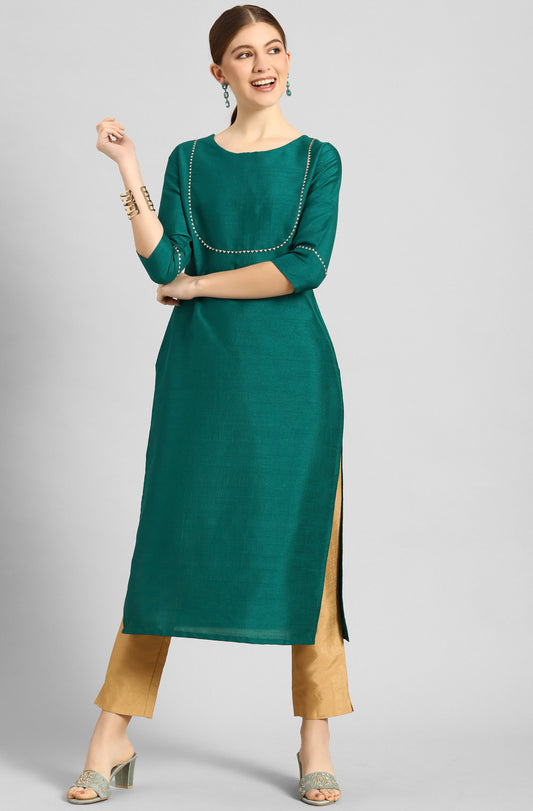 Janasya Women's Green Poly Silk Solid Straight Casual Kurta Set - Swadesiicart