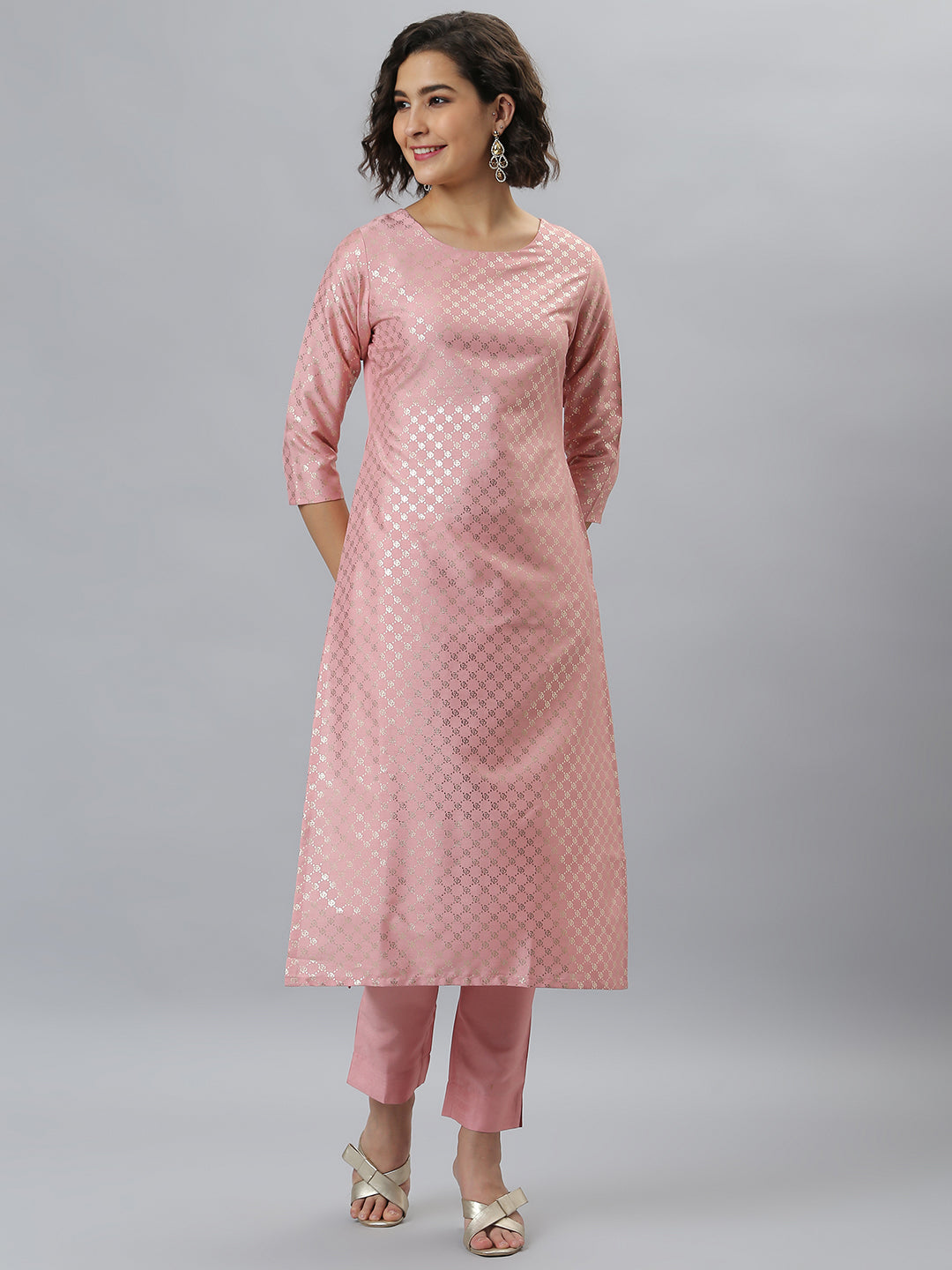 Janasya Women's Pink Poly Silk Floral Printed Straight Party Kurta Set - Swadesiicart