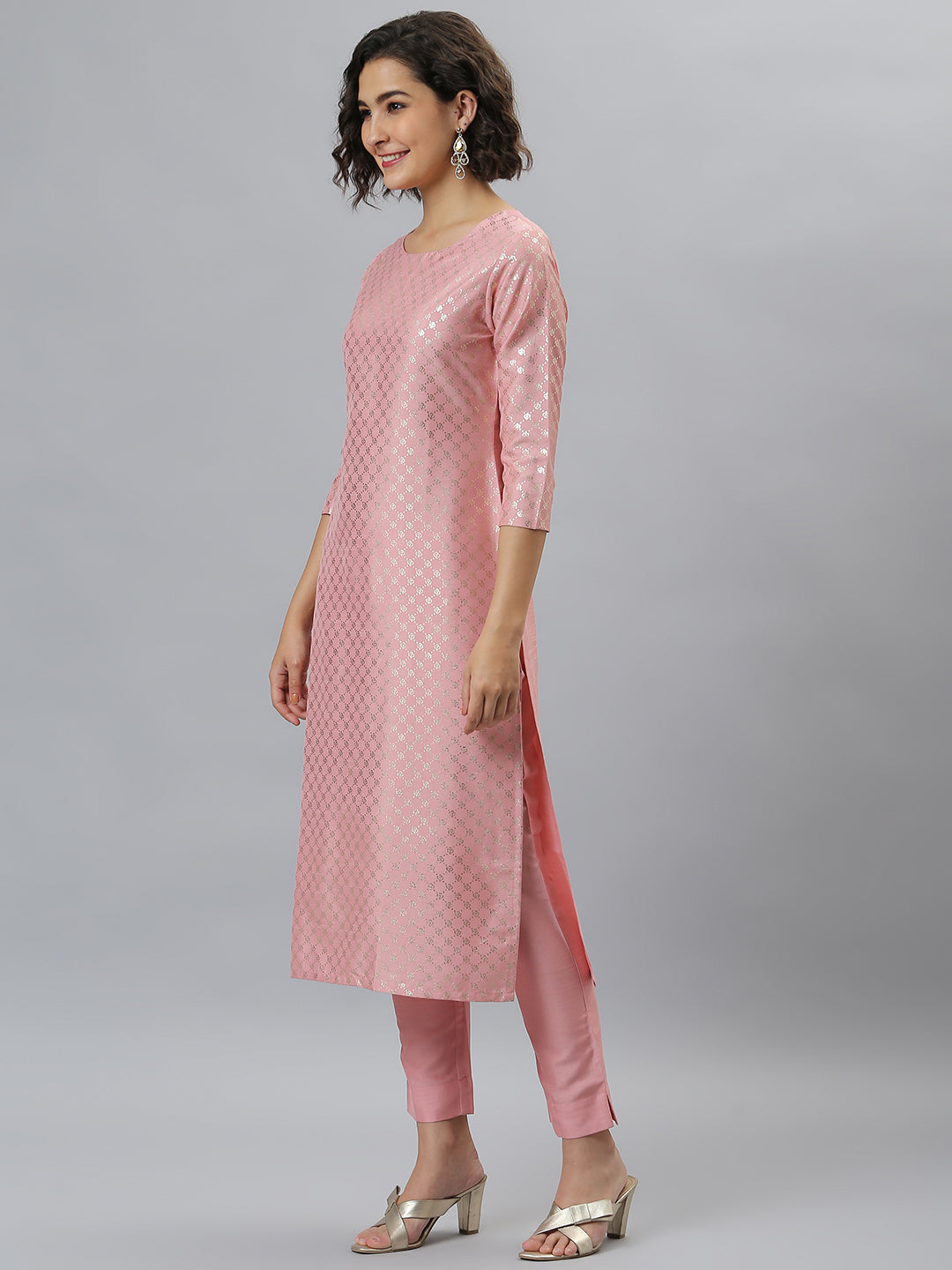 Janasya Women's Pink Poly Silk Floral Printed Straight Party Kurta Set - Swadesiicart