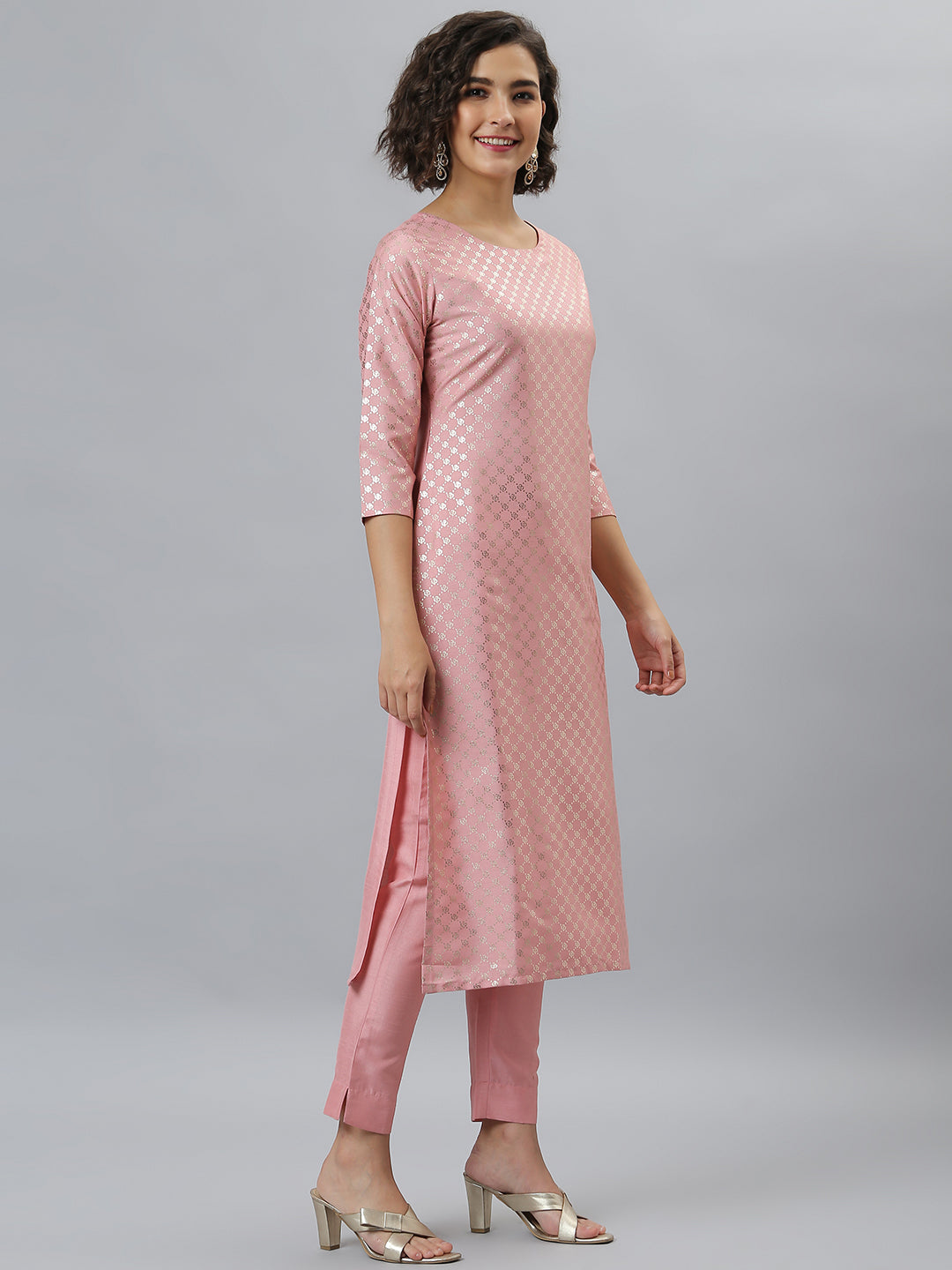 Janasya Women's Pink Poly Silk Floral Printed Straight Party Kurta Set - Swadesiicart