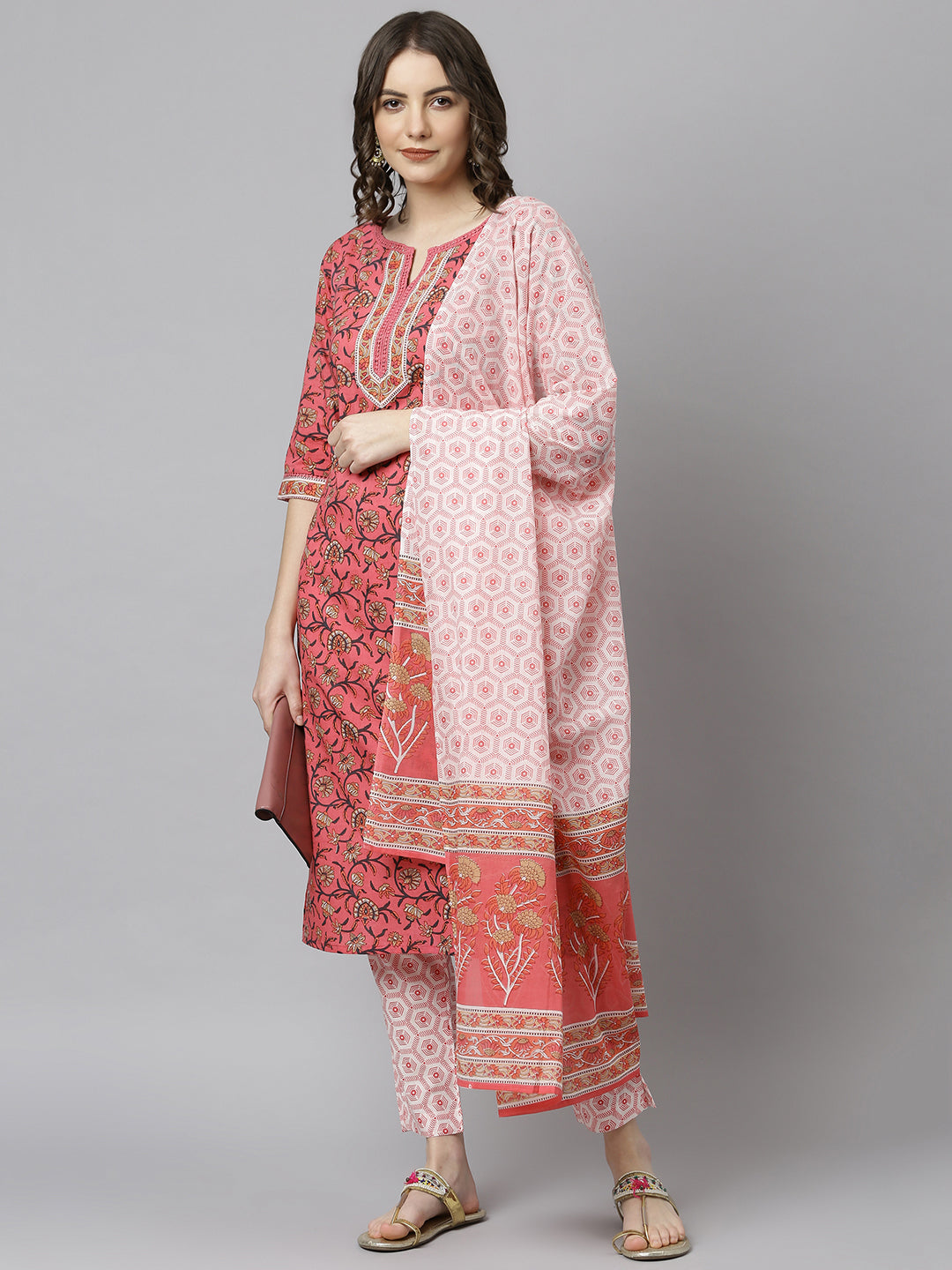 Janasya Women's Pink Cotton Floral Print Kurta With Pant And Dupatta | Swadesiicart