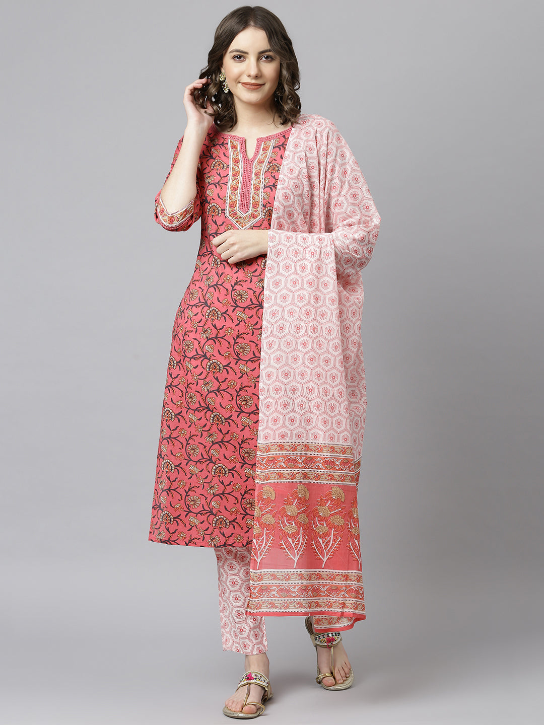 Janasya Women's Pink Cotton Floral Print Kurta With Pant And Dupatta | Swadesiicart