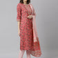 Janasya Women's Pink Cotton Floral Print Kurta With Pant And Dupatta | Swadesiicart