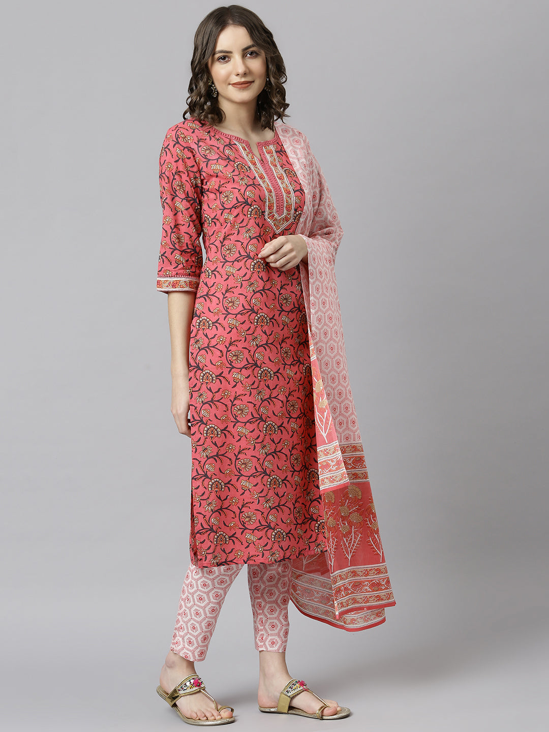 Janasya Women's Pink Cotton Floral Print Kurta With Pant And Dupatta | Swadesiicart