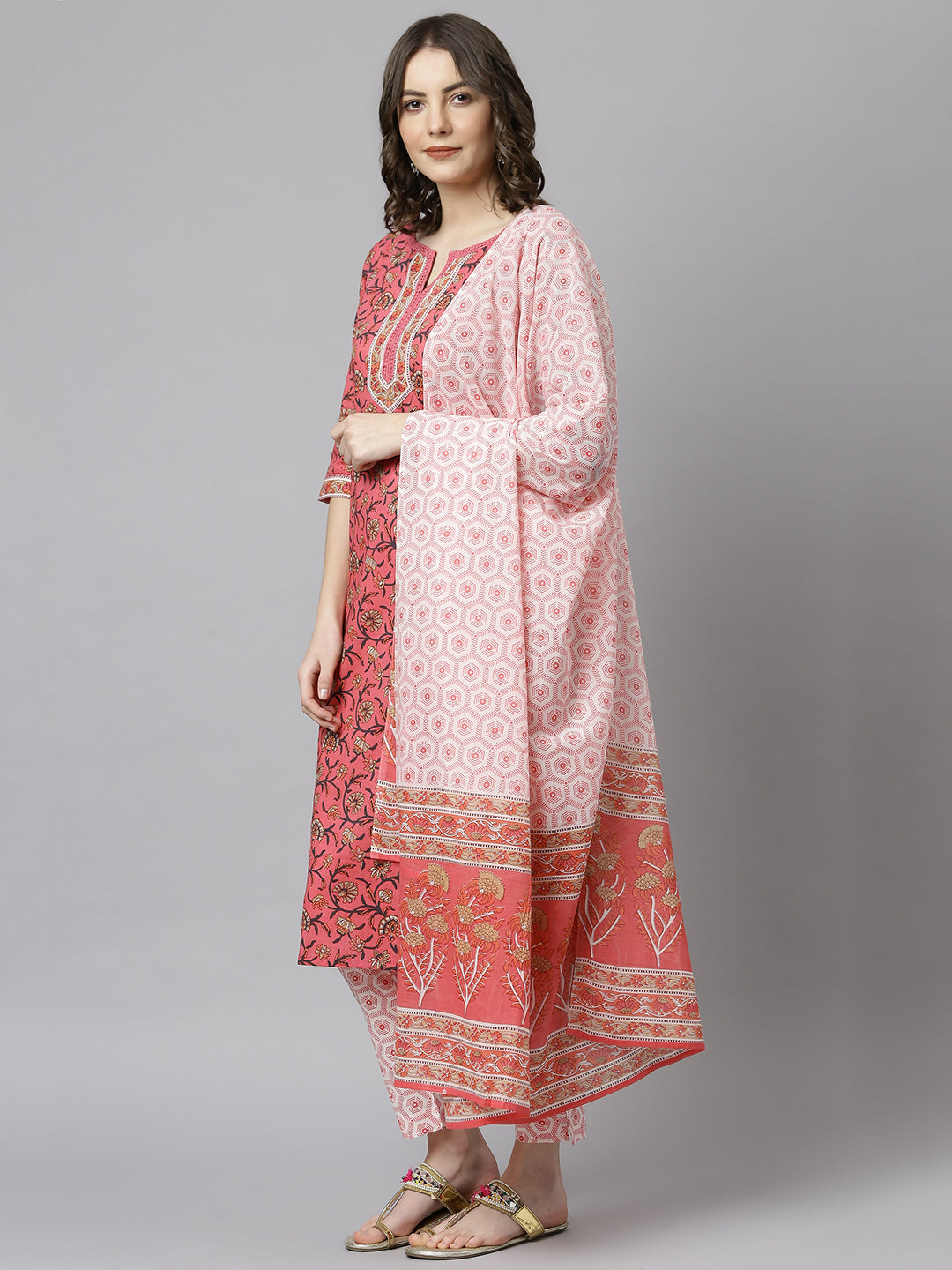 Janasya Women's Pink Cotton Floral Print Kurta With Pant And Dupatta | Swadesiicart