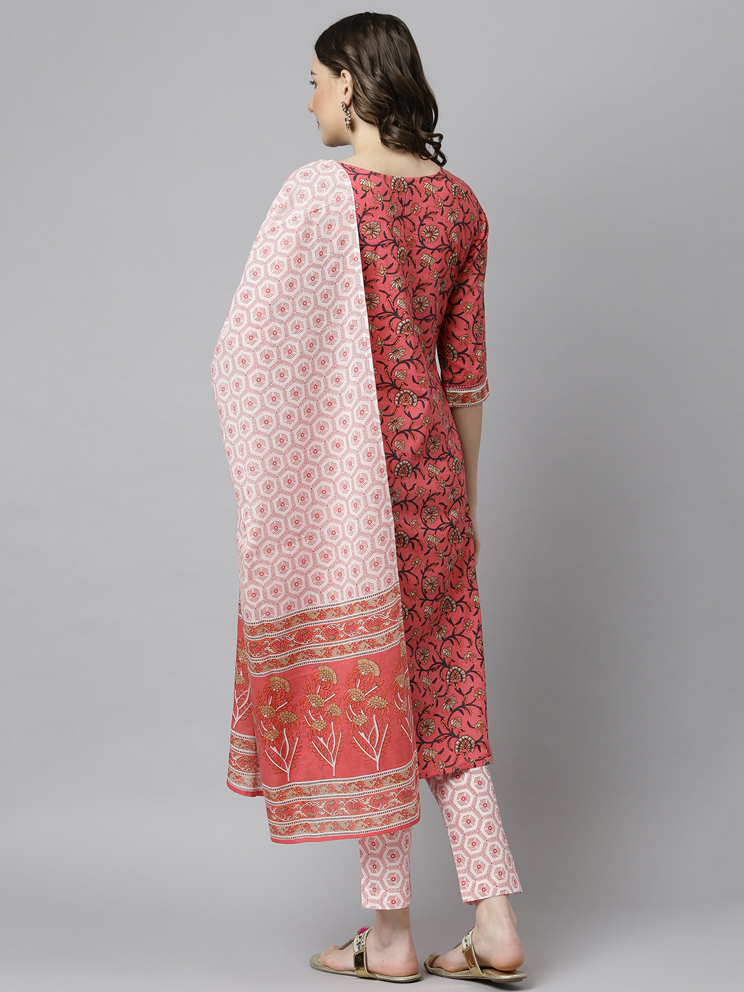 Janasya Women's Pink Cotton Floral Print Kurta With Pant And Dupatta | Swadesiicart