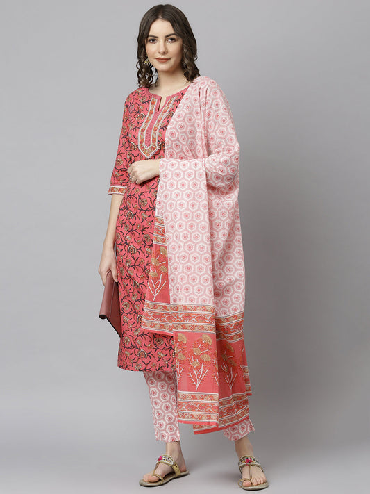 Janasya Women's Pink Cotton Floral Print Kurta With Pant And Dupatta | Swadesiicart