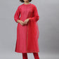Janasya Women's Pink Poly Silk Floral Printed Straight Festive Kurta Set | Swadesiicart