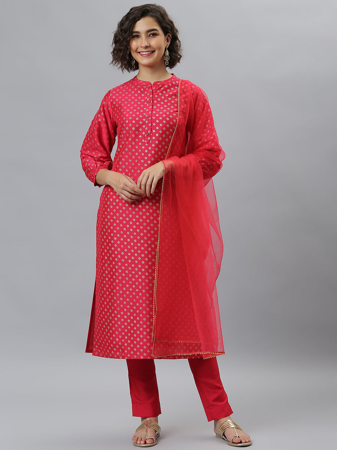 Janasya Women's Pink Poly Silk Floral Printed Straight Festive Kurta Set | Swadesiicart