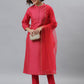 Janasya Women's Pink Poly Silk Floral Printed Straight Festive Kurta Set | Swadesiicart
