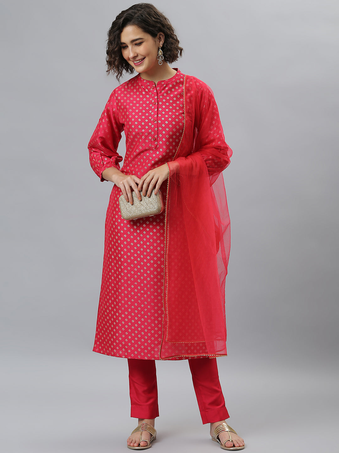 Janasya Women's Pink Poly Silk Floral Printed Straight Festive Kurta Set | Swadesiicart