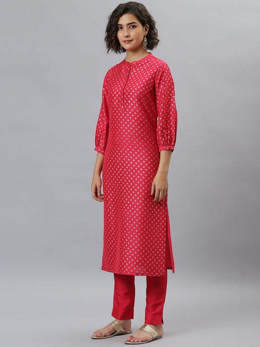 Janasya Women's Pink Poly Silk Floral Printed Straight Festive Kurta Set | Swadesiicart