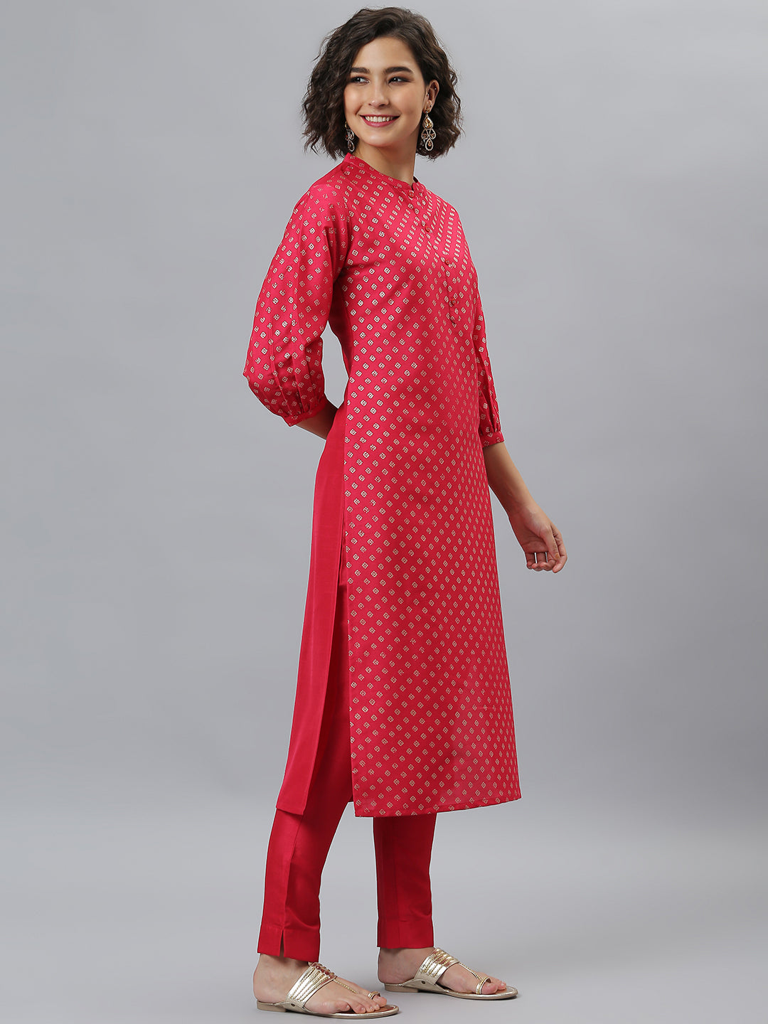 Janasya Women's Pink Poly Silk Floral Printed Straight Festive Kurta Set | Swadesiicart