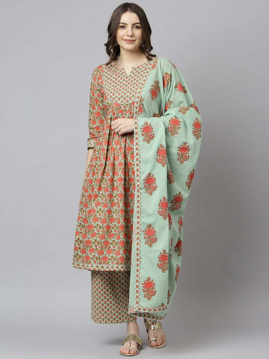 Janasya Women's Light Green Cotton Floral Print Kurta With Palazzo And Dupatta | Swadesiicart