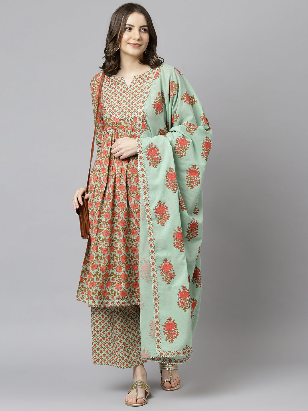Janasya Women's Light Green Cotton Floral Print Kurta With Palazzo And Dupatta | Swadesiicart