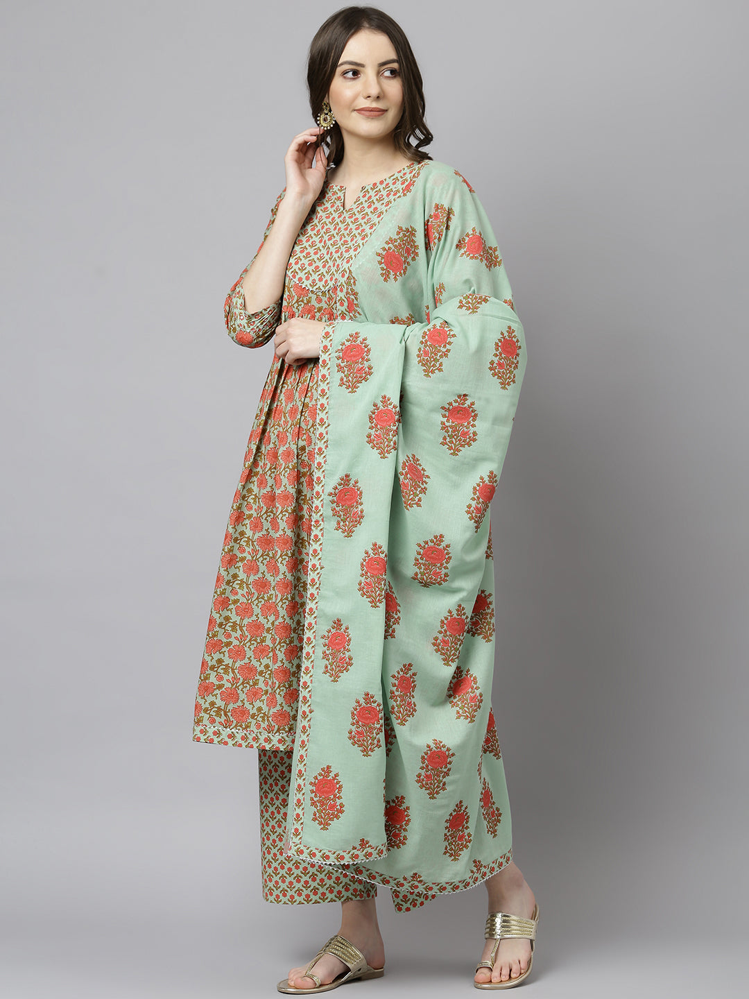Janasya Women's Light Green Cotton Floral Print Kurta With Palazzo And Dupatta | Swadesiicart
