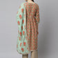 Janasya Women's Light Green Cotton Floral Print Kurta With Palazzo And Dupatta | Swadesiicart