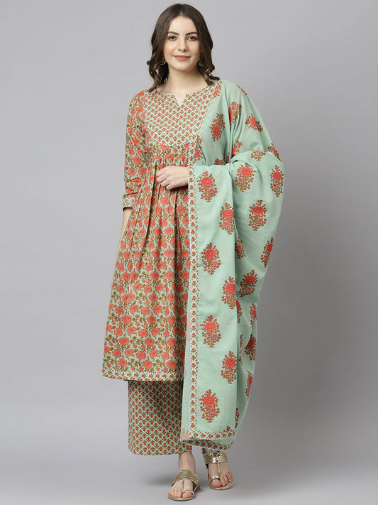 Janasya Women's Light Green Cotton Floral Print Kurta With Palazzo And Dupatta | Swadesiicart