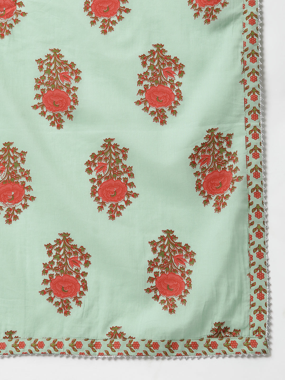 Janasya Women's Light Green Cotton Floral Print Kurta With Palazzo And Dupatta | Swadesiicart