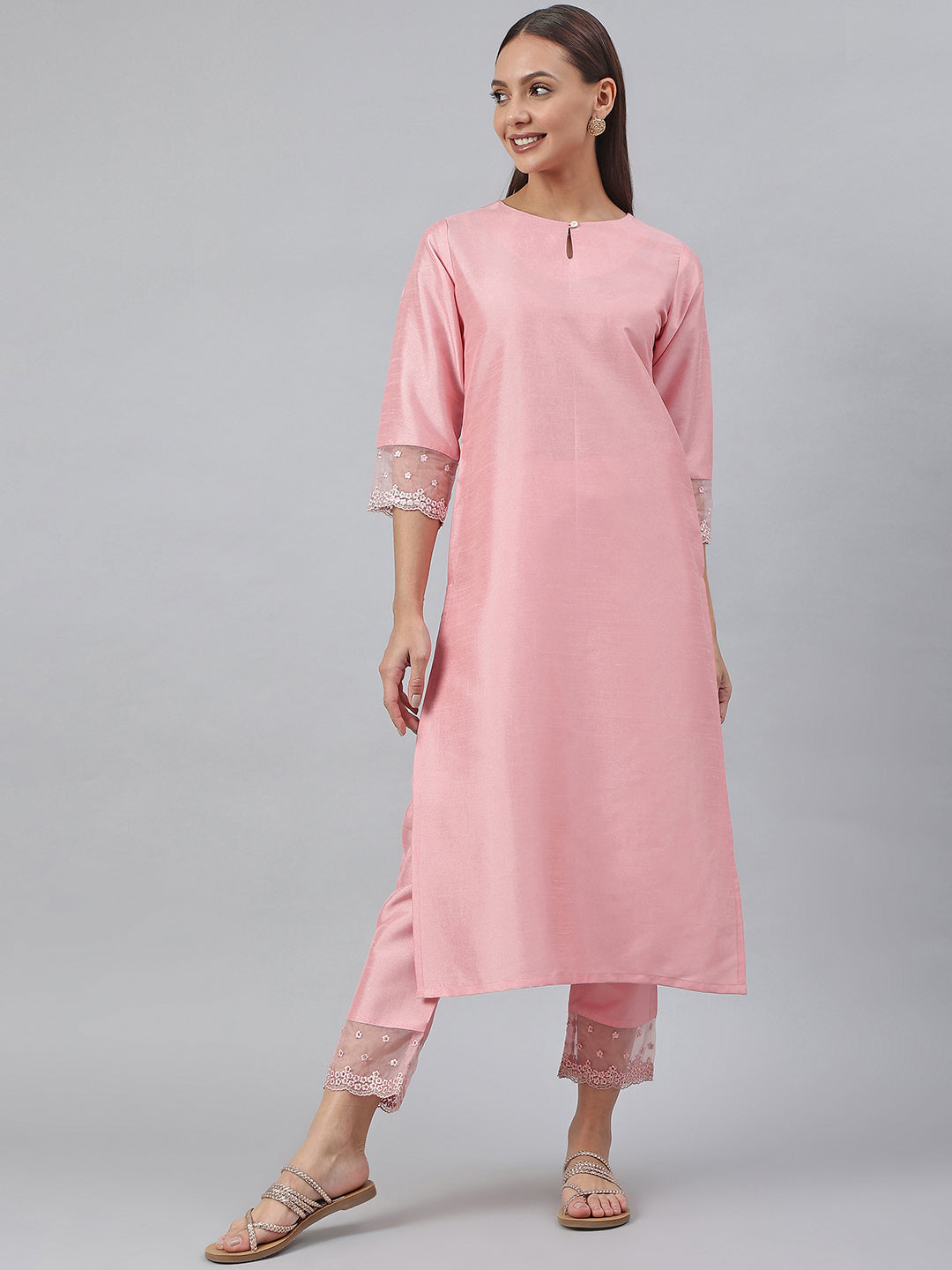 Janasya Pink Poly Silk Solid Set - Swadesiicart