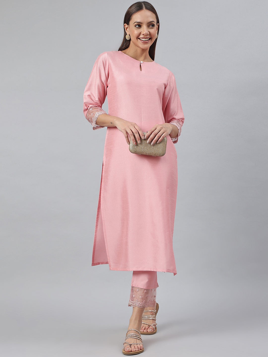 Janasya Pink Poly Silk Solid Set - Swadesiicart