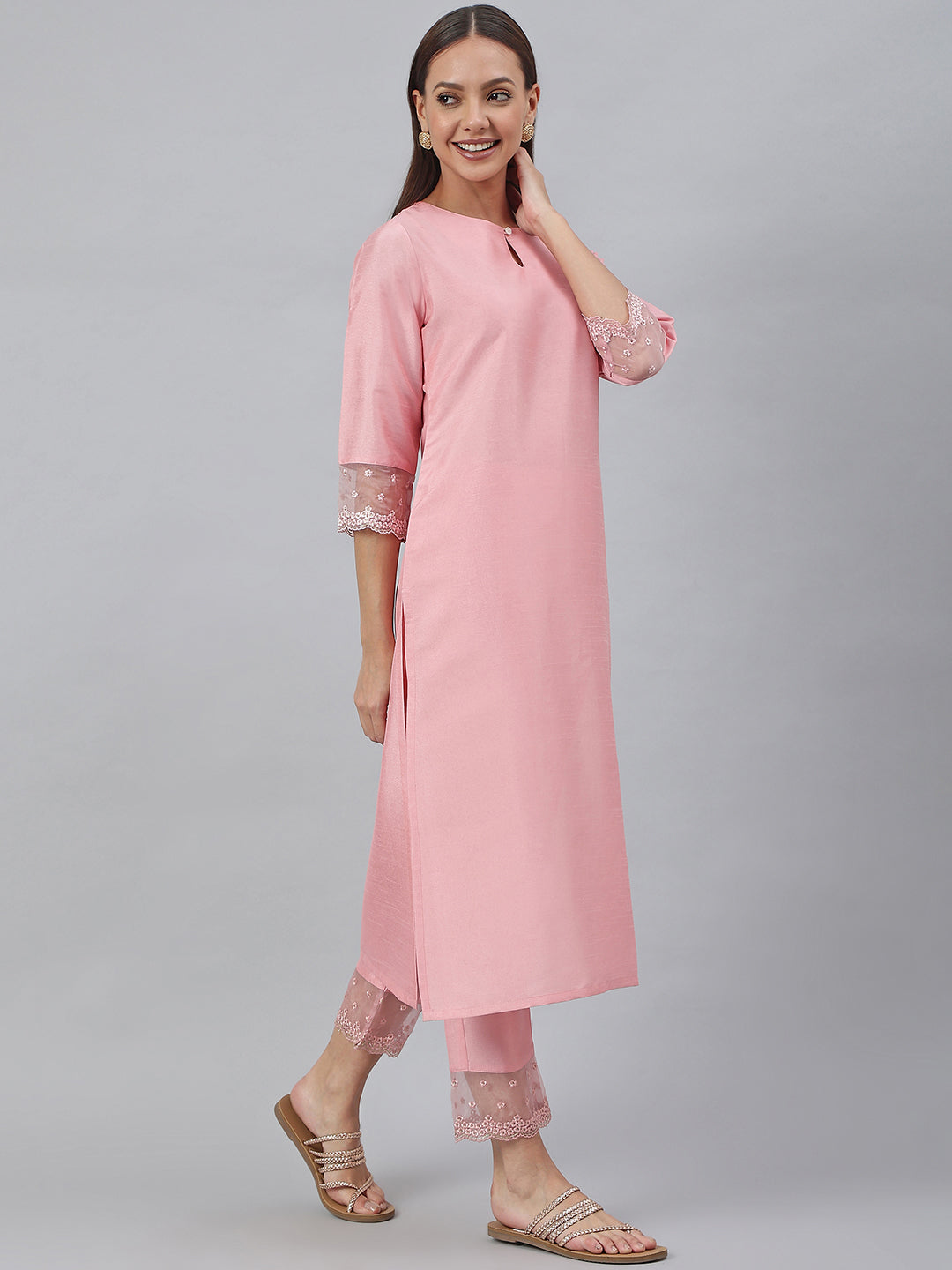 Janasya Pink Poly Silk Solid Set - Swadesiicart