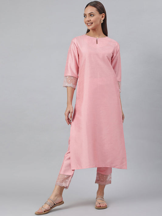 Janasya Pink Poly Silk Solid Set - Swadesiicart