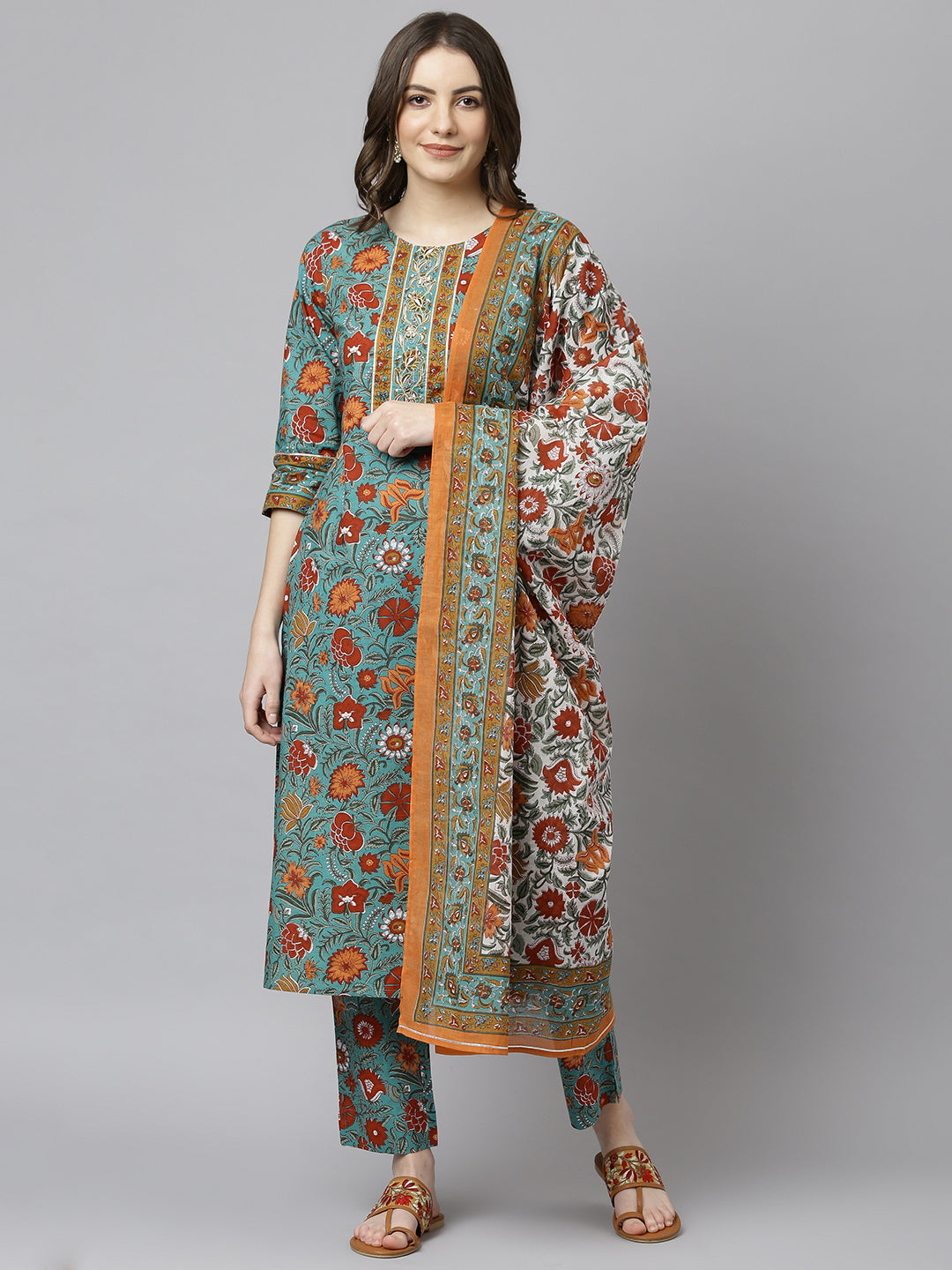 Janasya Women's Green Cotton Embroidered Kurta With Pant And Dupatta | Swadesiicart