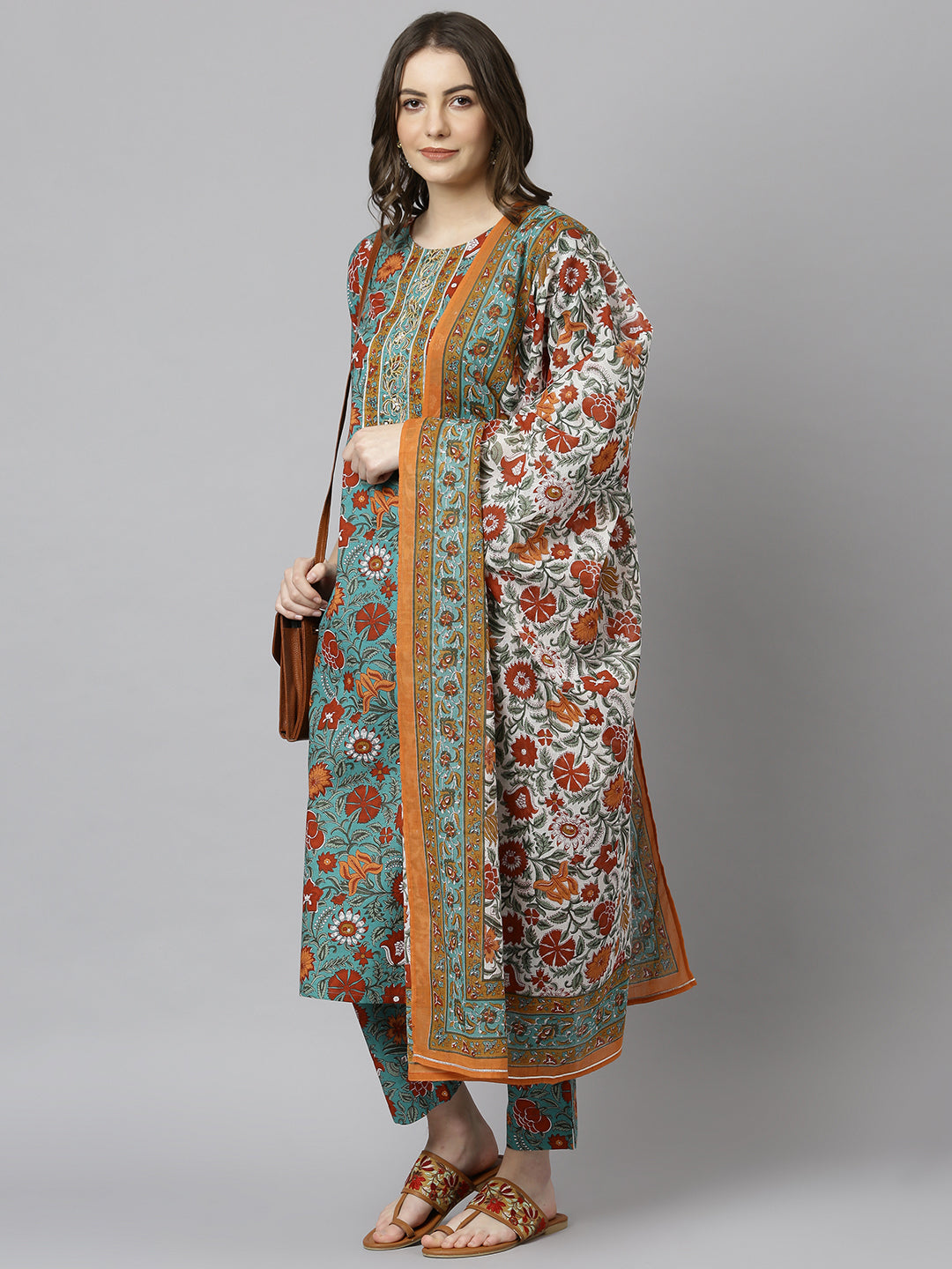 Janasya Women's Green Cotton Embroidered Kurta With Pant And Dupatta | Swadesiicart