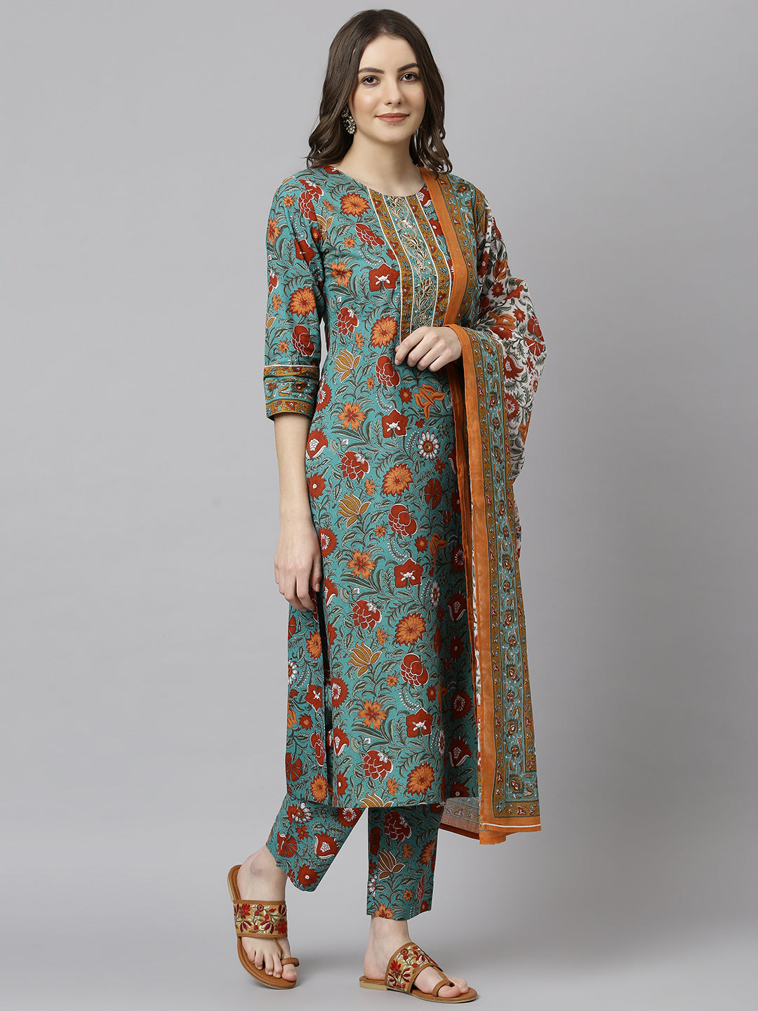 Janasya Women's Green Cotton Embroidered Kurta With Pant And Dupatta | Swadesiicart