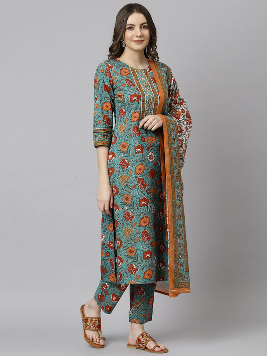 Janasya Women's Green Cotton Embroidered Kurta With Pant And Dupatta | Swadesiicart