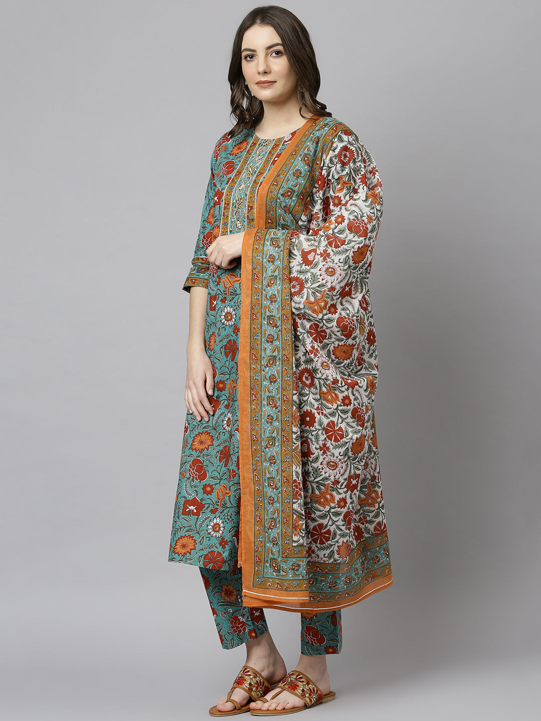 Janasya Women's Green Cotton Embroidered Kurta With Pant And Dupatta | Swadesiicart