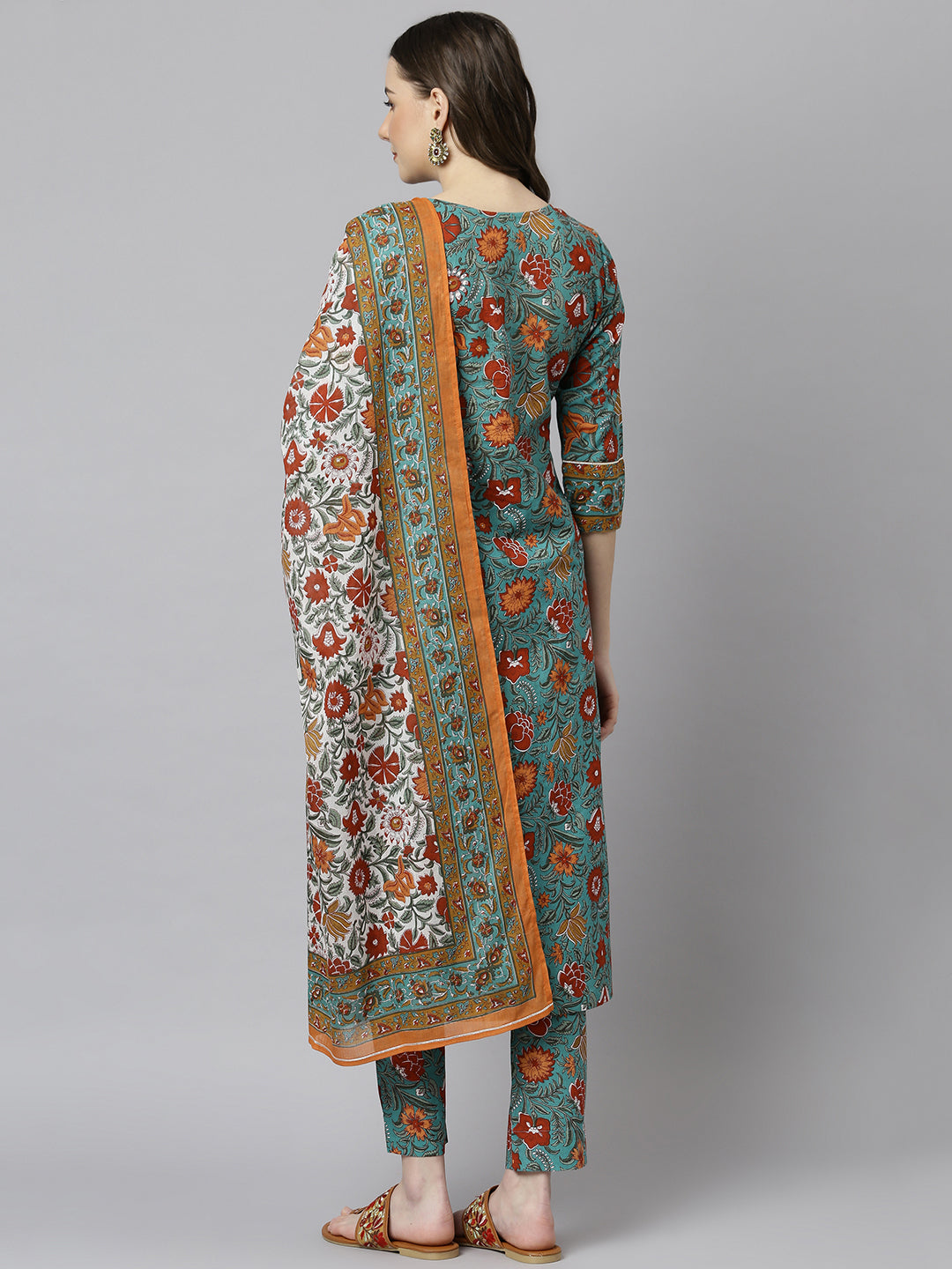 Janasya Women's Green Cotton Embroidered Kurta With Pant And Dupatta | Swadesiicart