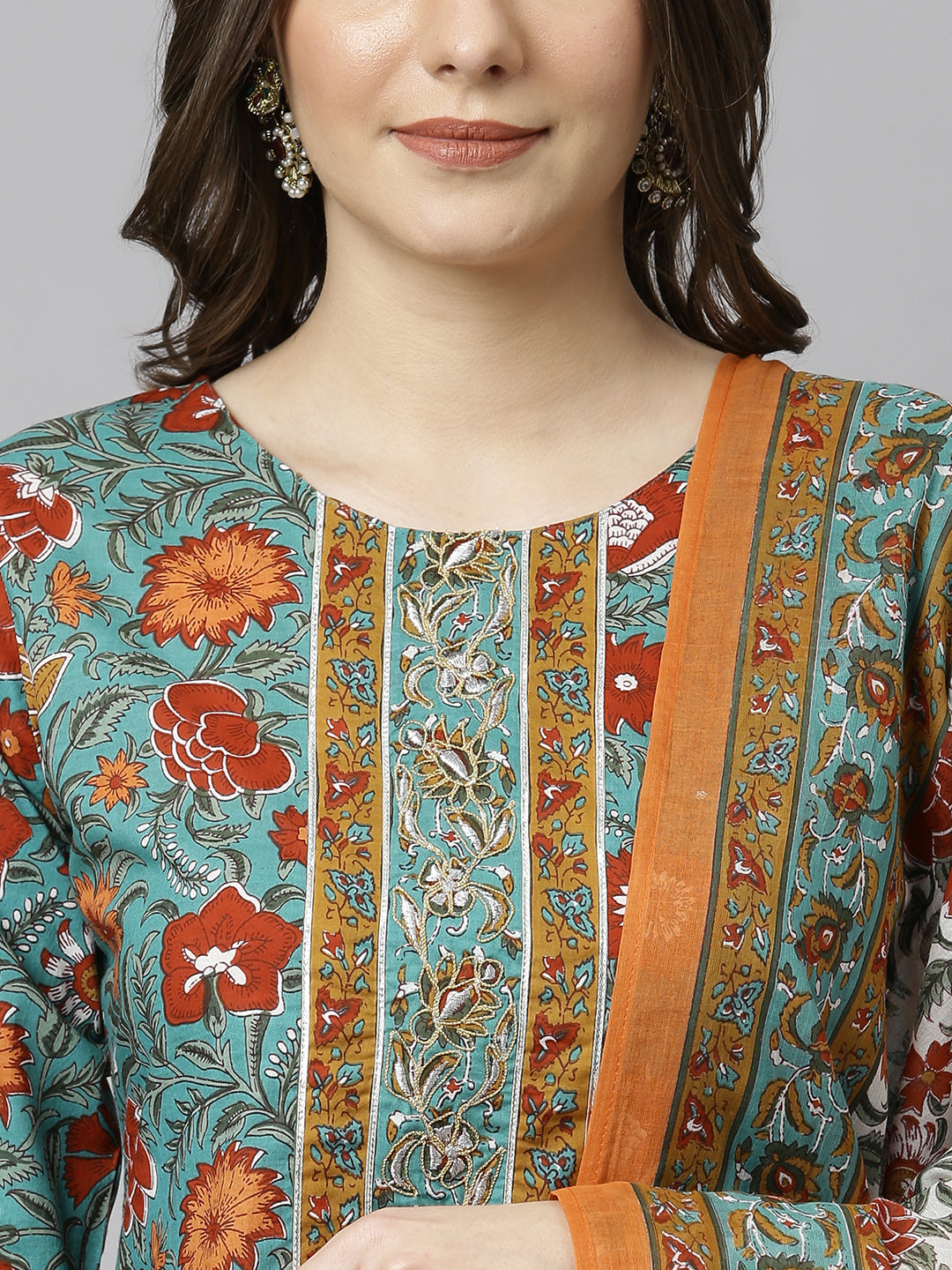 Janasya Women's Green Cotton Embroidered Kurta With Pant And Dupatta | Swadesiicart
