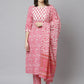 Janasya Women's Pink Cotton Floral Print Kurta With Pant And Dupatta | Swadesiicart