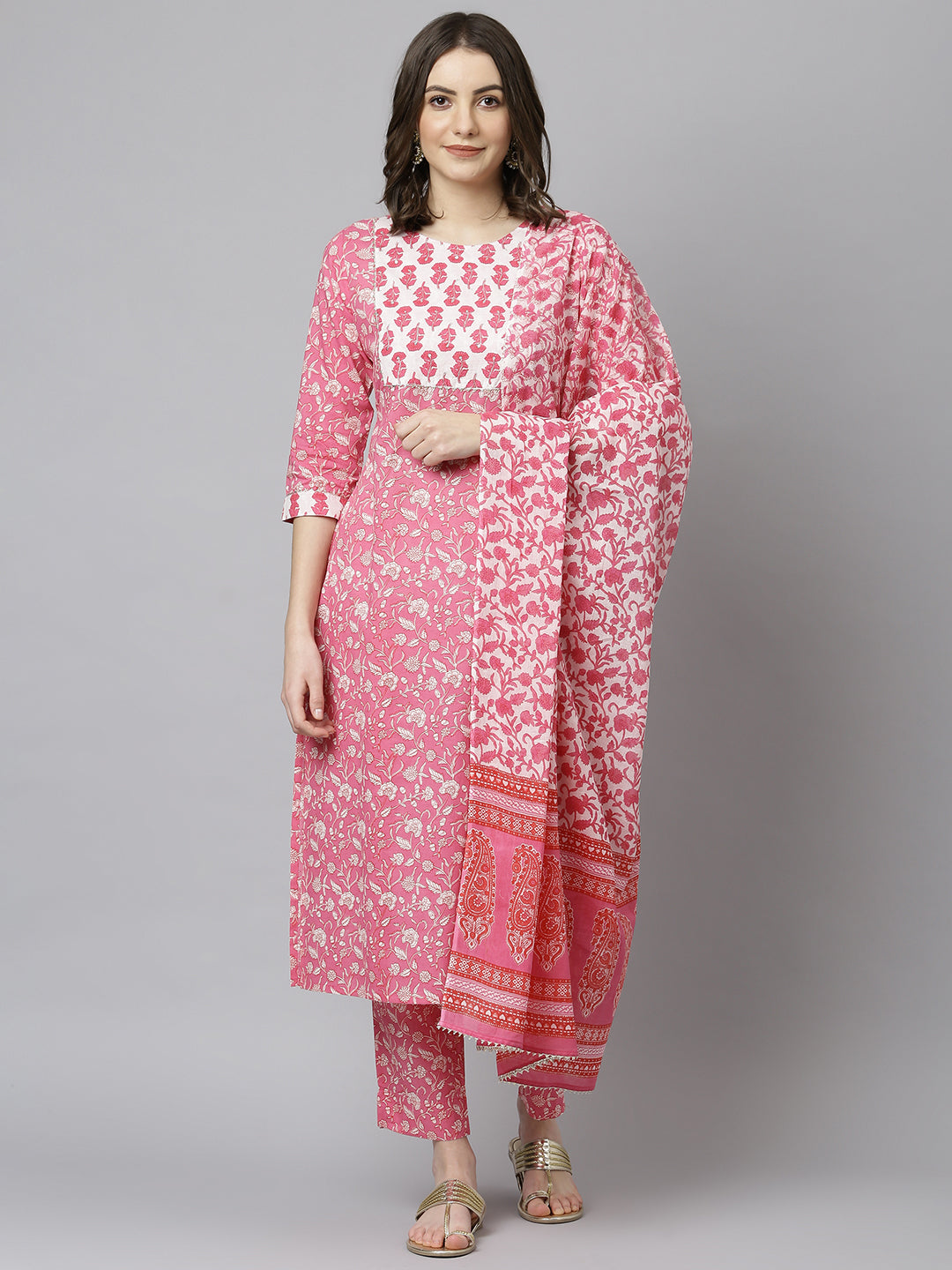 Janasya Women's Pink Cotton Floral Print Kurta With Pant And Dupatta | Swadesiicart