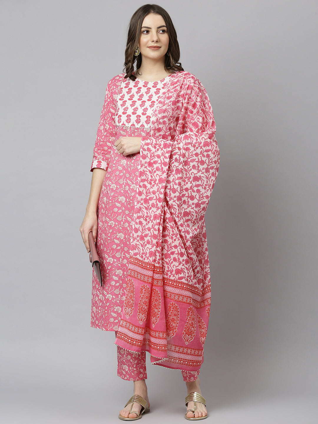 Janasya Women's Pink Cotton Floral Print Kurta With Pant And Dupatta | Swadesiicart