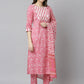 Janasya Women's Pink Cotton Floral Print Kurta With Pant And Dupatta | Swadesiicart