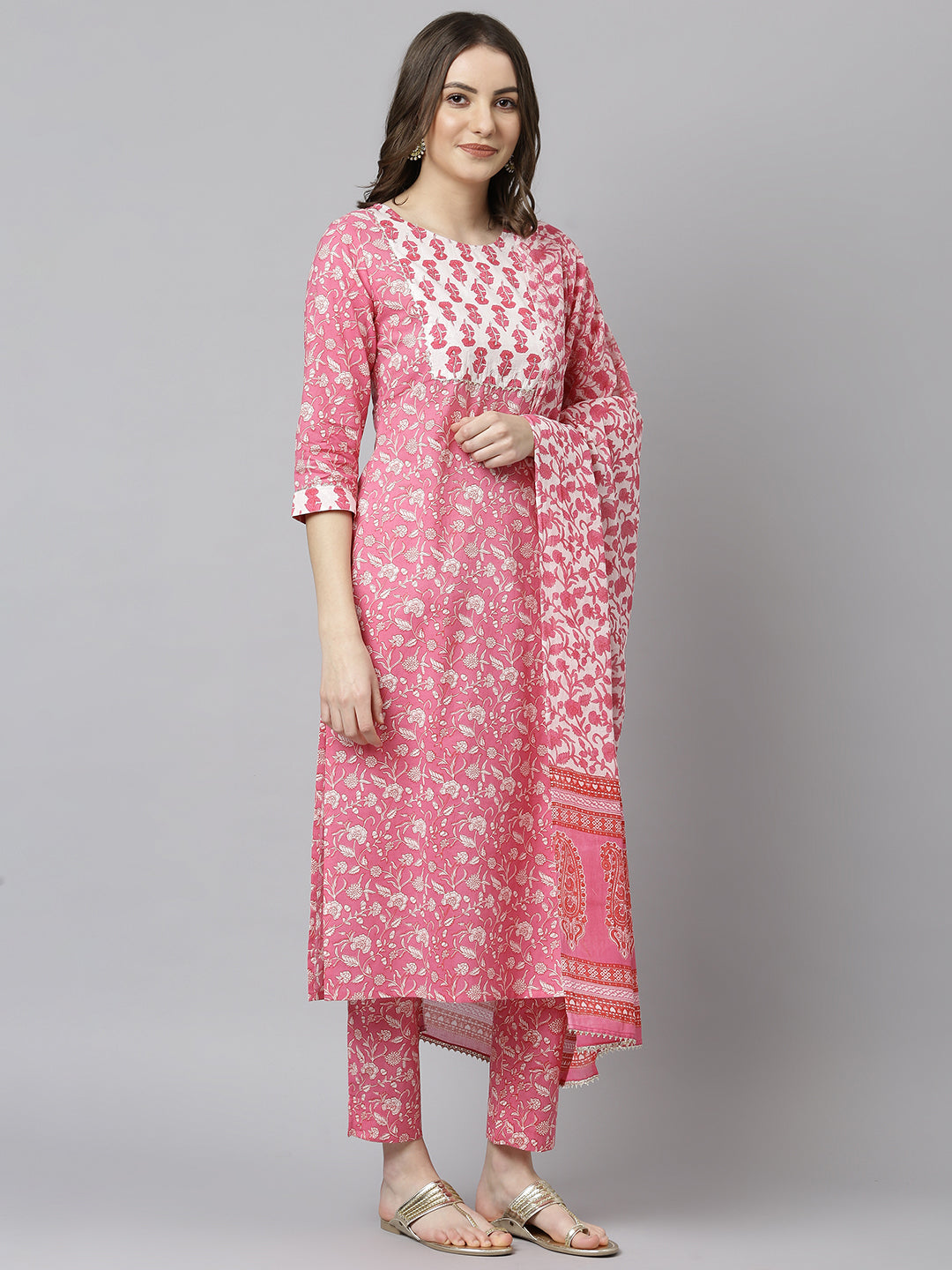 Janasya Women's Pink Cotton Floral Print Kurta With Pant And Dupatta | Swadesiicart