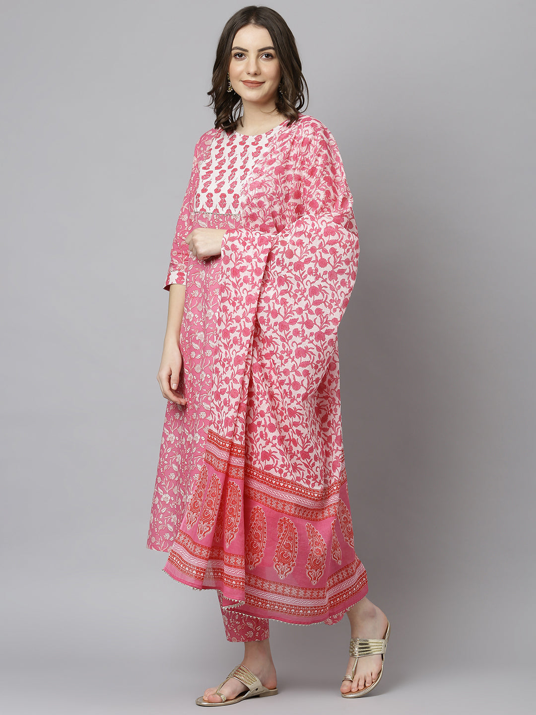 Janasya Women's Pink Cotton Floral Print Kurta With Pant And Dupatta | Swadesiicart