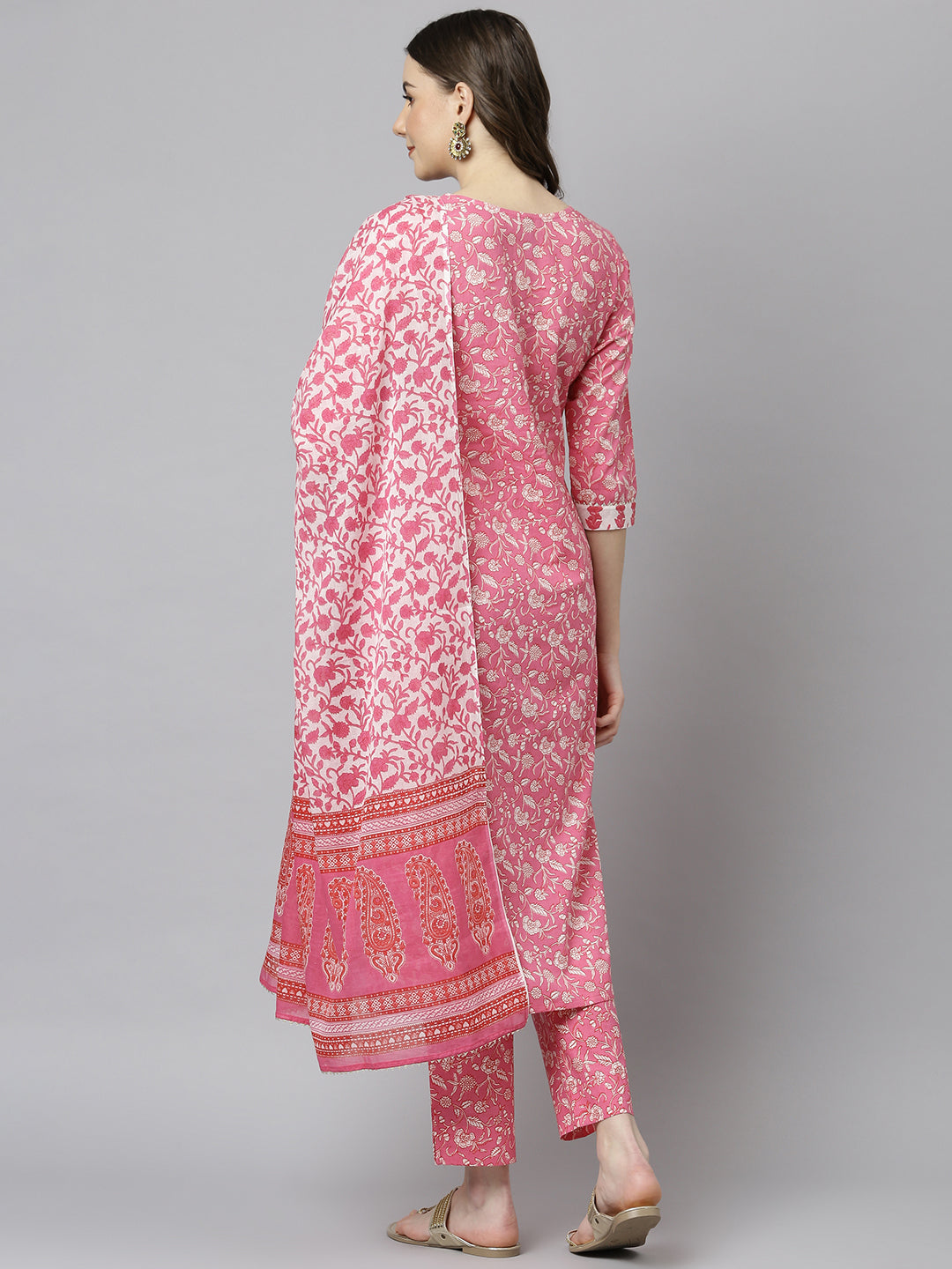Janasya Women's Pink Cotton Floral Print Kurta With Pant And Dupatta | Swadesiicart