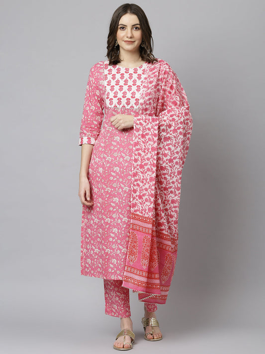 Janasya Women's Pink Cotton Floral Print Kurta With Pant And Dupatta | Swadesiicart