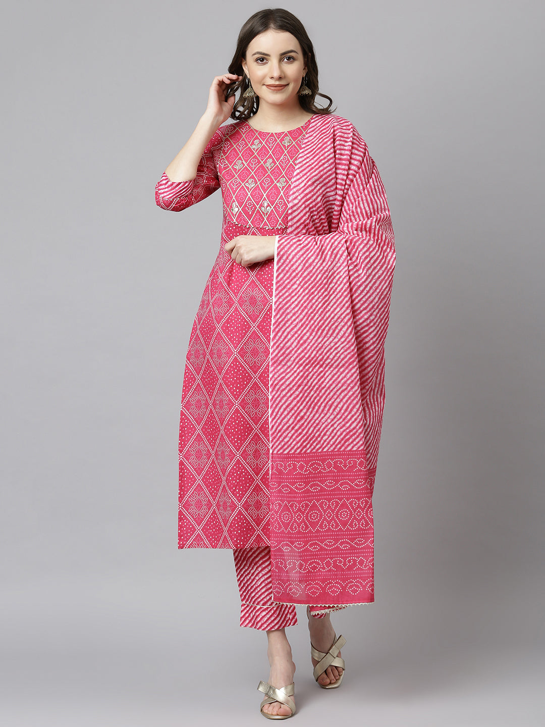 Janasya Women's Pink Cotton Bandhani Kurta With Pant And Dupatta | Swadesiicart