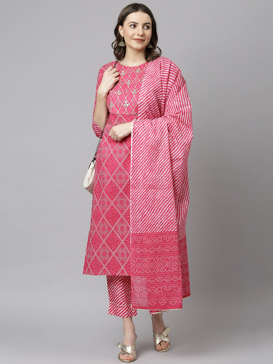 Janasya Women's Pink Cotton Bandhani Kurta With Pant And Dupatta | Swadesiicart