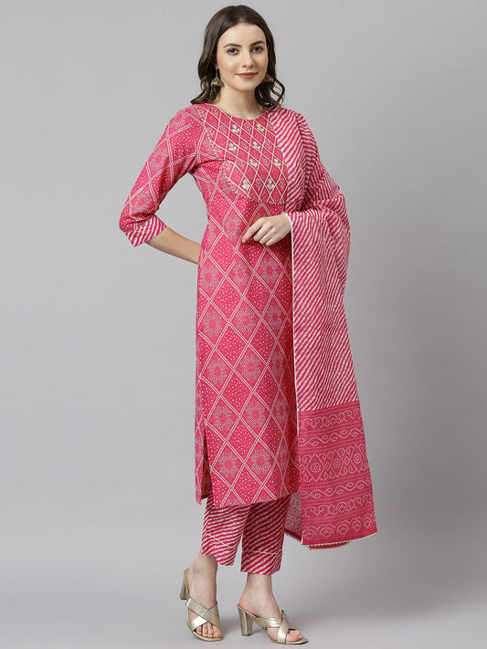 Janasya Women's Pink Cotton Bandhani Kurta With Pant And Dupatta | Swadesiicart