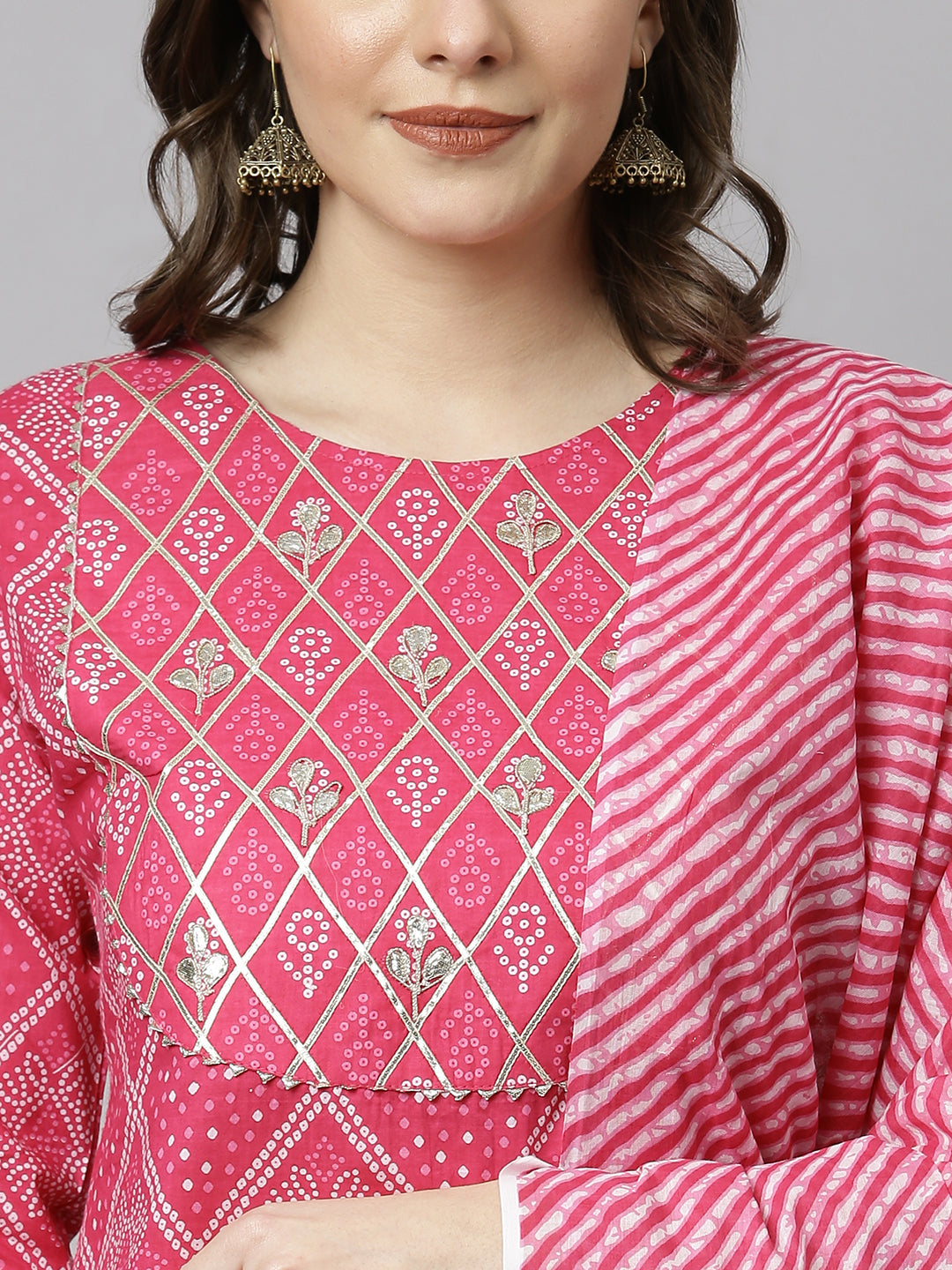 Janasya Women's Pink Cotton Bandhani Kurta With Pant And Dupatta | Swadesiicart