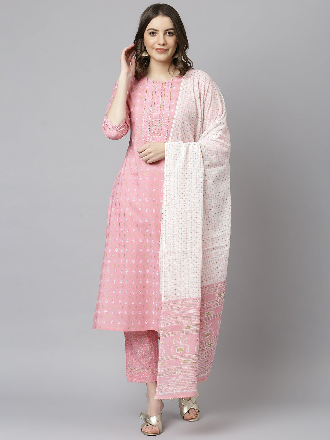 Janasya Women's Light Pink Cotton Gold Print Kurta With Pant And Dupatta | Swadesiicart