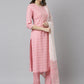 Janasya Women's Light Pink Cotton Gold Print Kurta With Pant And Dupatta | Swadesiicart