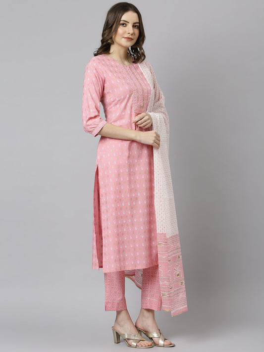 Janasya Women's Light Pink Cotton Gold Print Kurta With Pant And Dupatta | Swadesiicart