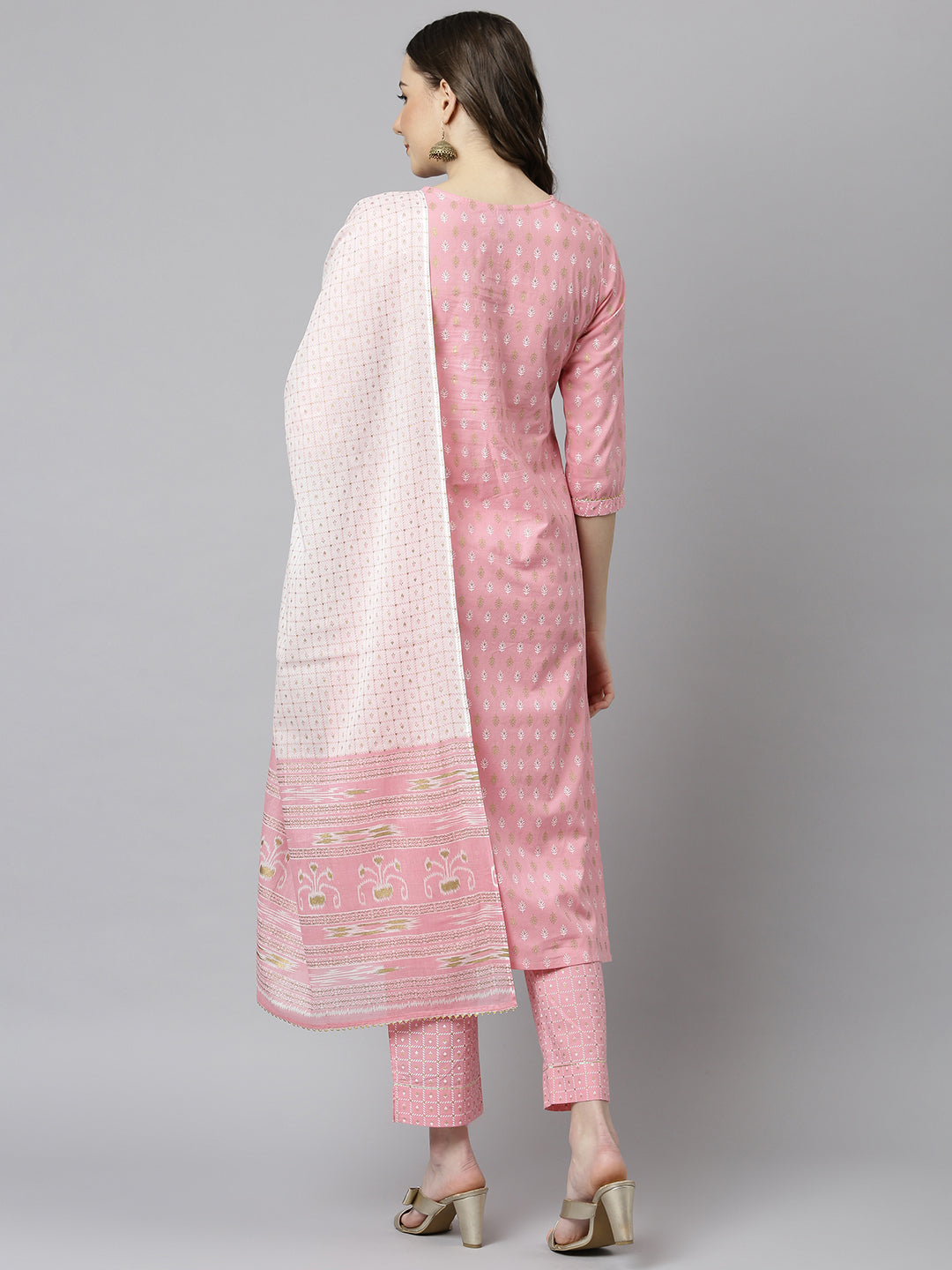 Janasya Women's Light Pink Cotton Gold Print Kurta With Pant And Dupatta | Swadesiicart